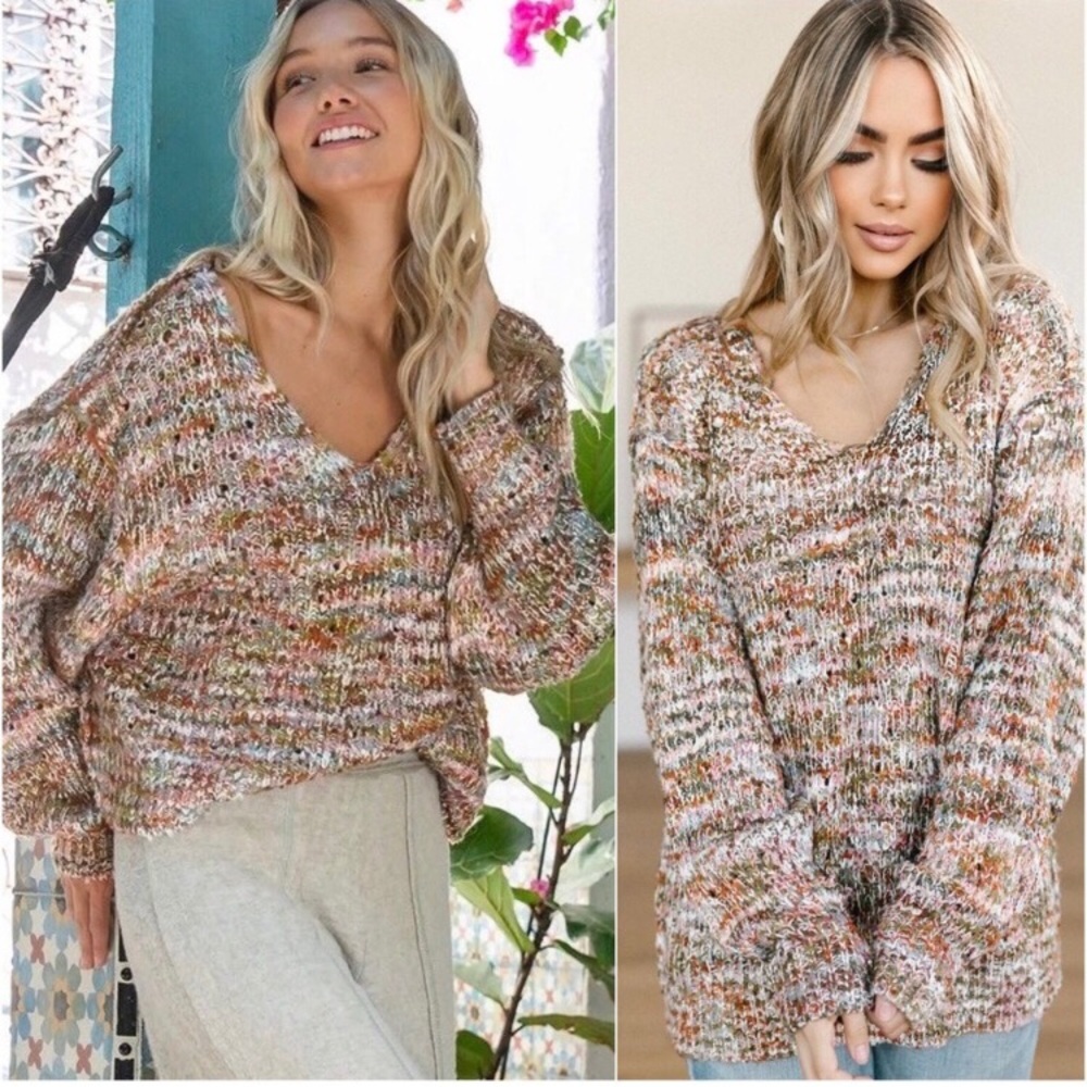 Women’s multicolored knit fall v neck long sleeve fall winter trendy sweater